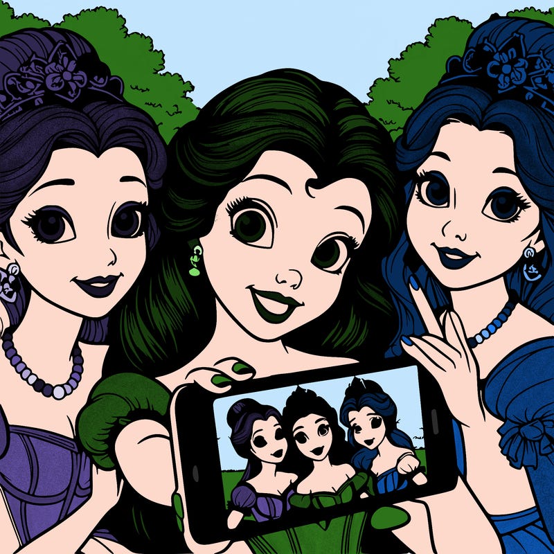 fairytale princesses who take a selfie together realistic