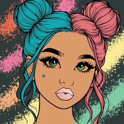 realistic girl with two buns on her hair and lips
