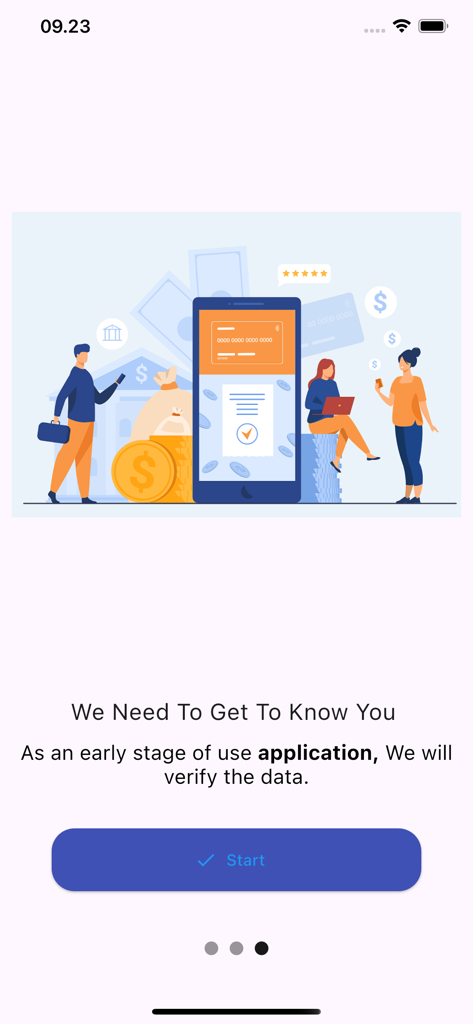 GPD Online New - Onboarding screen of the GPD Online New app with an illustration of people using digital finance and a Start button for data verification.
