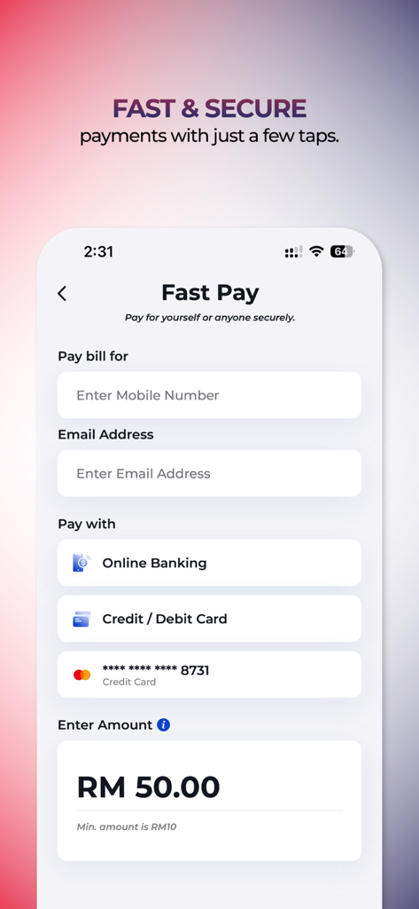 XOX 5G app Fast Pay interface for secure mobile bill payments and card management