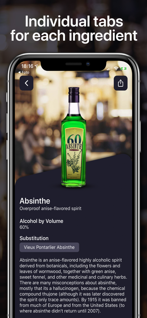 Detailed ingredient tab for absinthe in the cocktail recipe app