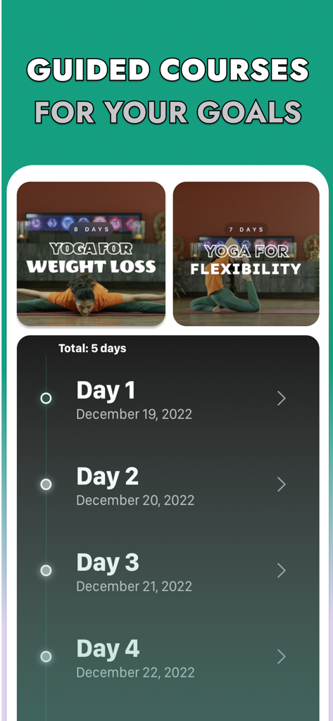 Yoga for beginners | Prayoga - Interface showing guided yoga courses for weight loss and flexibility with a daily schedule