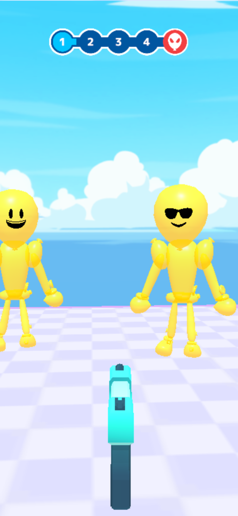 Balloon Crusher: Shoot’em all - First person shooting gameplay showing a cyan gun aiming at yellow balloon men