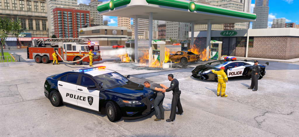Police Simulator Cop Car Duty - Polizeibeamte verhaften einen Verdächtigen an einer Tankstelle, während Feuerwehrleute ein Feuer löschen