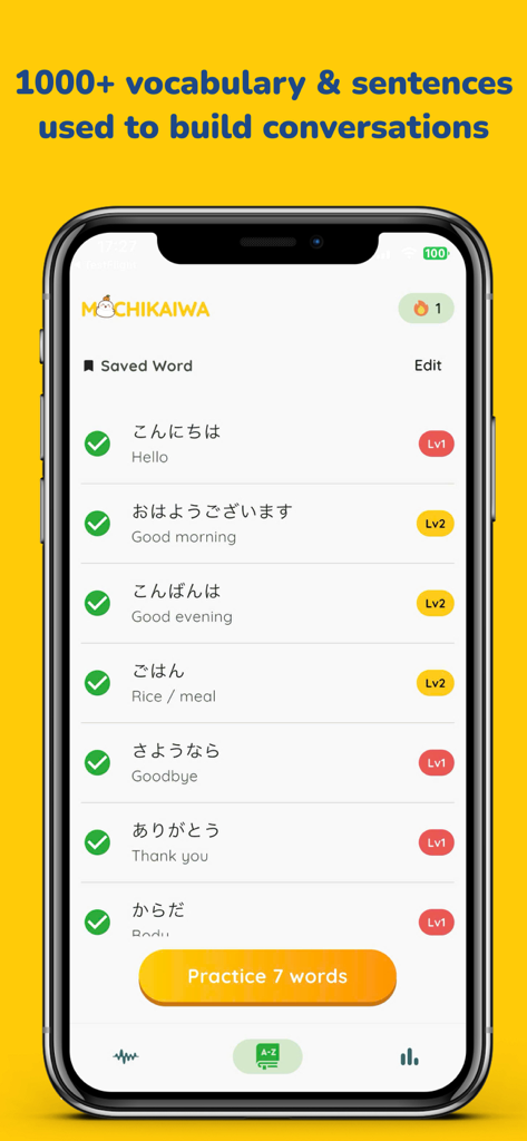 Lista de palabras y frases japonesas guardadas para practicar en la aplicación MochiKaiwa