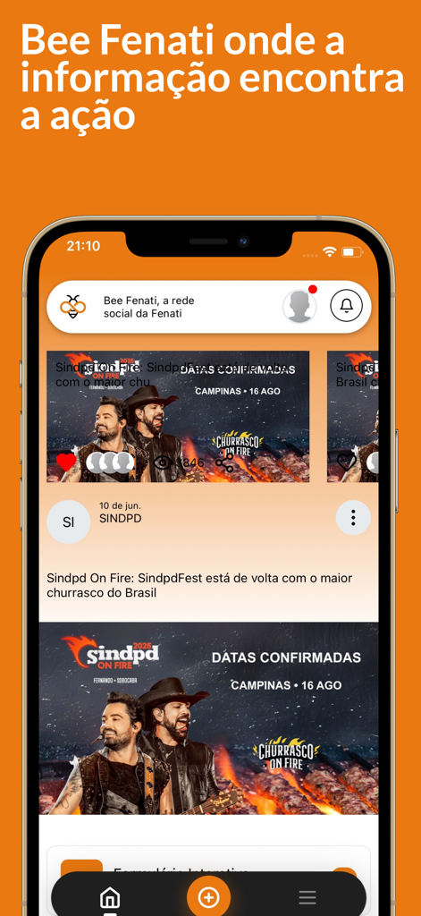 Bee Fenati - Captura de tela do aplicativo móvel Bee Fenati mostrando um feed social sindical com anúncios de eventos
