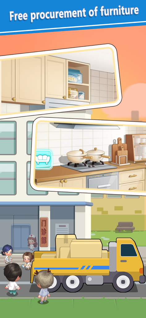 Hospital Tycoon game screen showing furniture procurement and a delivery truck outside the clinic