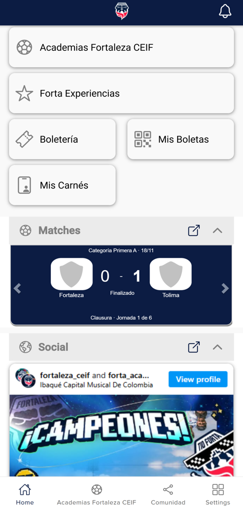 Fortaleza - Fortaleza CEIF mobile app home screen showing match results and club menu