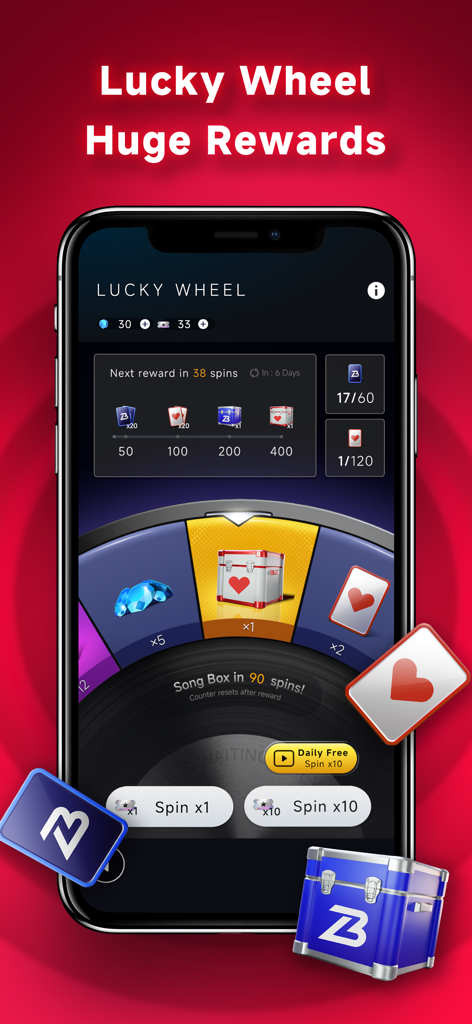 Hi Beatz - Hi Beatz app interface showing the lucky wheel feature with rewards like blue gems and heart boxes