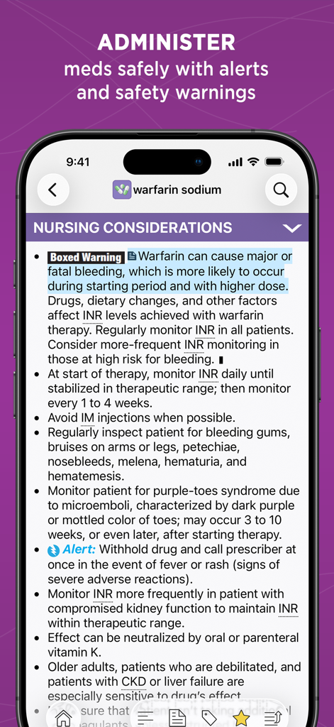 The Nursing Drug Handbook app interface displaying safety alerts and nursing considerations for warfarin sodium.