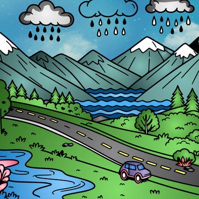 a road mountains and a river and rain