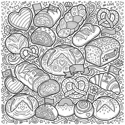 Indulge in a heartwarming celebration with this unique coloring page featuring an array of bread and savory bakes. Adorned with festive Pride Month elements, it's a delightful way to express creativity and support.