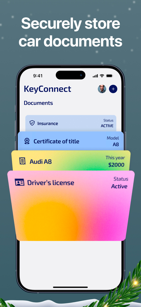 KeyConnect app interface showing digital storage for car insurance, certificate of title, and driver license.