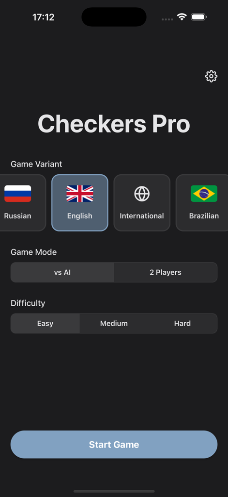 Checkers Pro 7 in 1 - Einstellungen-Bildschirm in Dameprofi mit verschiedenen Spielvarianten und Schwierigkeitsstufen