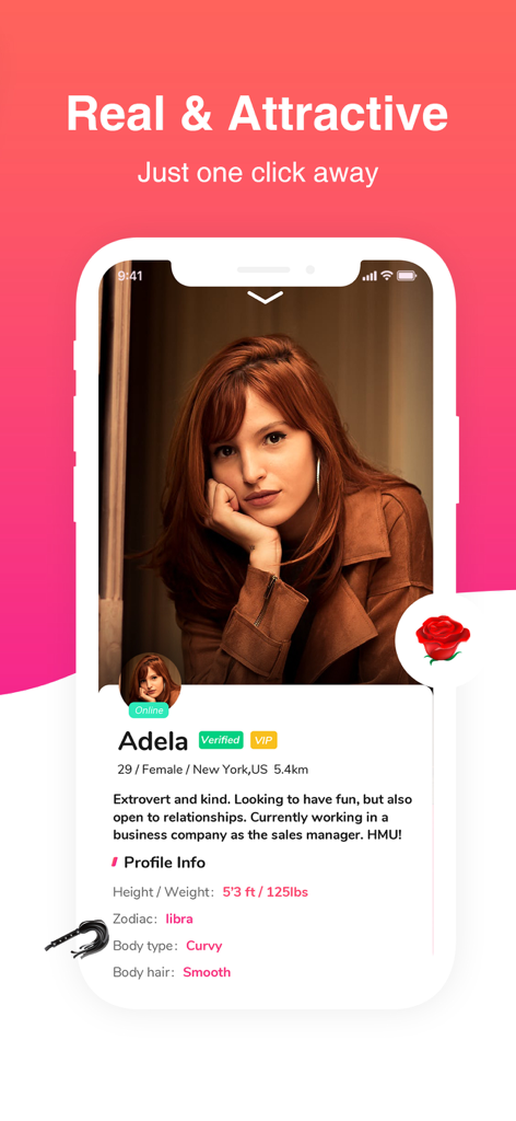 Newe: LGBTQ+ Dating & Chat App - A smartphone screen showing a verified female user profile on the Newe LGBTQ dating app