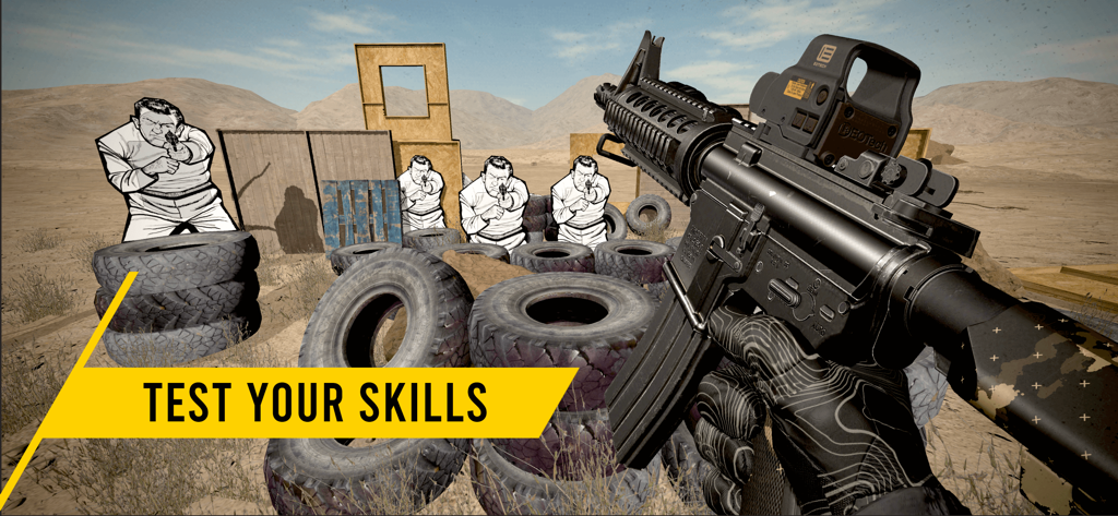 GUNSIM - 3D Gun Shooter FPS - First-person view of a tactical rifle at a desert shooting range with soldier targets