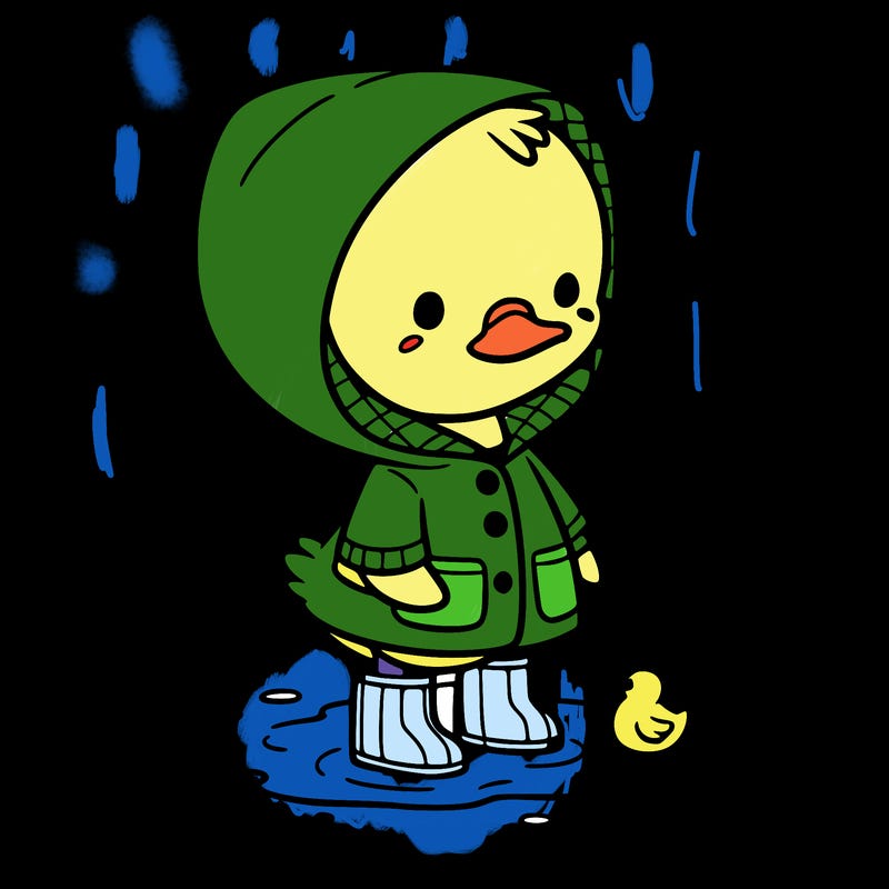 baby duck in a rain coat and boots, in a puddle while it’s raining