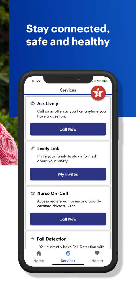 Lively Health & Safety Service - Interfaz de la aplicación de salud y seguridad Lively que muestra servicios médicos como Enfermero de guardia y detección de caídas para personas mayores