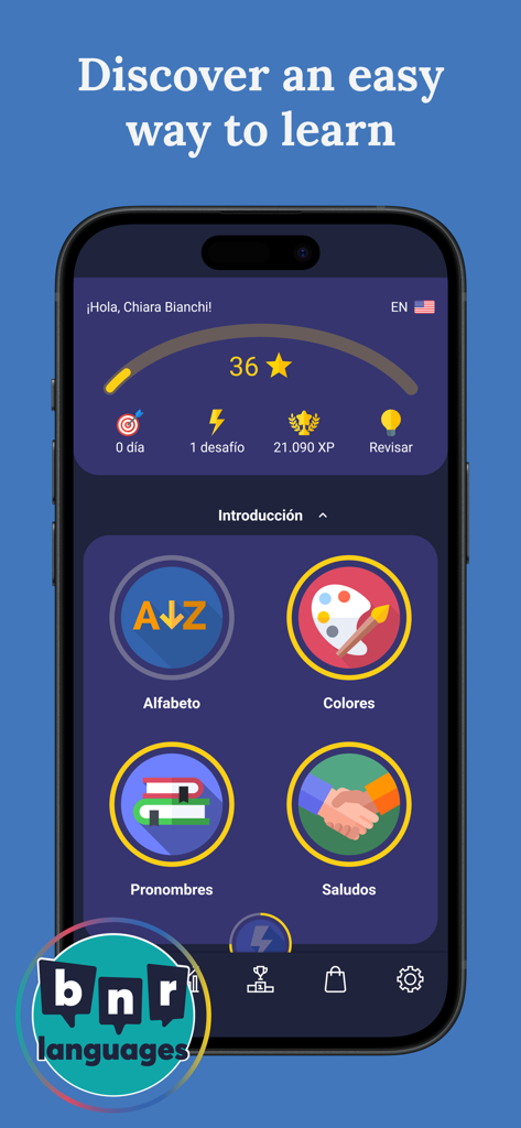 Dashboard of the Learn English app for beginners showing lesson categories like alphabet and colors.