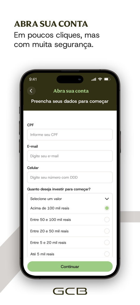 GCB Investimentos mobile app registration page for opening a new account