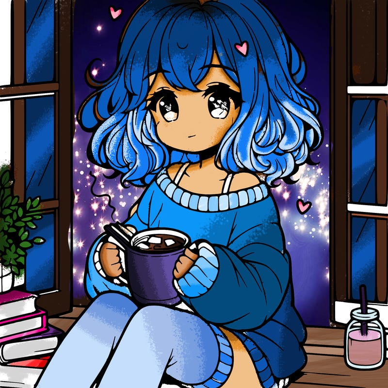 cute anime girl reading book and drinking hot chocolate from mug with loose wavy hair wearing a baggy sweatshirt and shorts sitting by windowsill looking out