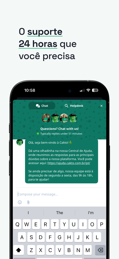 Cakto - Pantalla móvil de la aplicación Cakto que muestra su interfaz de chat de soporte al cliente 24 horas