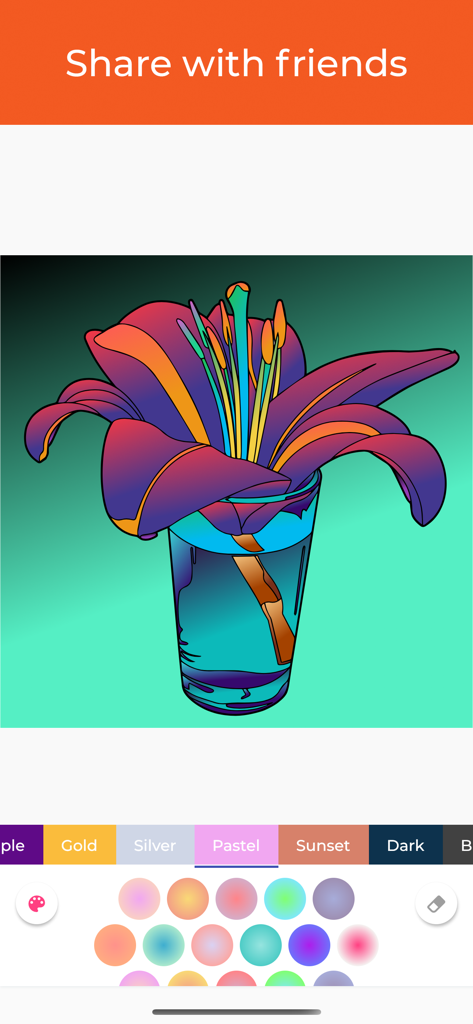Coloring Book Pro Adult Relax - App interface showing a completed digital coloring of a lily flower with sharing and palette options