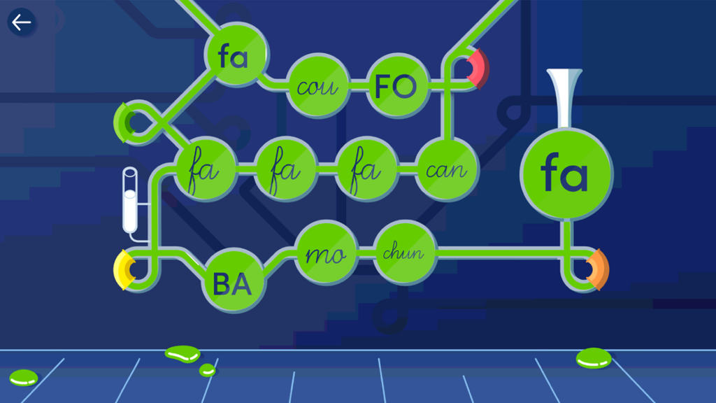 Montessori French Syllables - learn to read French words in a fun lab setting - A lab-themed educational game interface from the Montessori French Syllables app showing various French phonics in green bubbles.