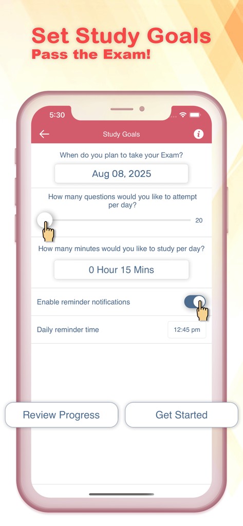 Interface of PASS CCRN app showing the study goals screen with options for exam date questions per day and study reminders