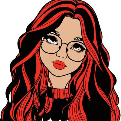 girl with long hair and freckles and glasses realistic