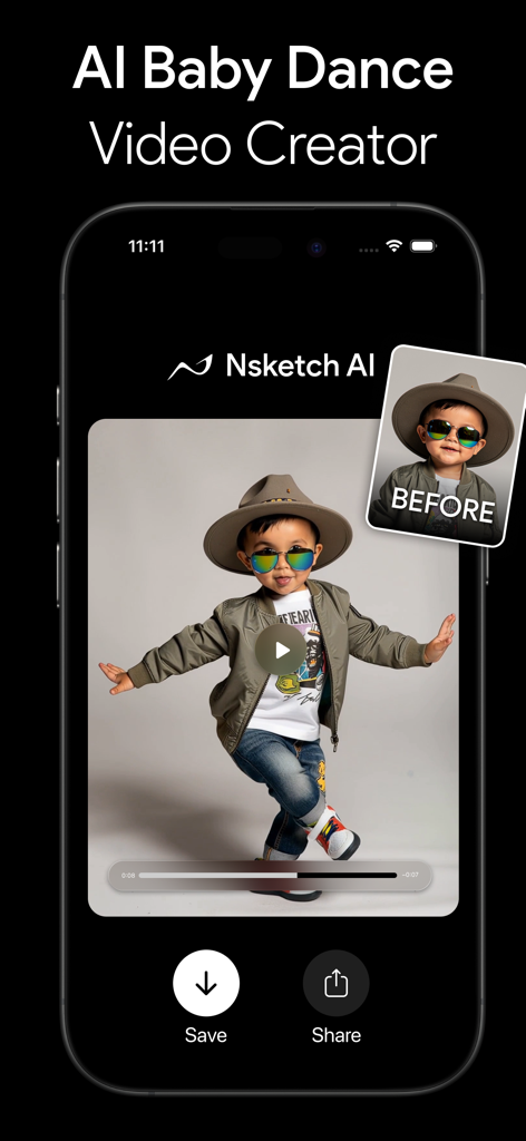 Pantalla de la aplicación Nsketch que muestra un vídeo de baile de bebé generado por IA creado a partir de una foto estática