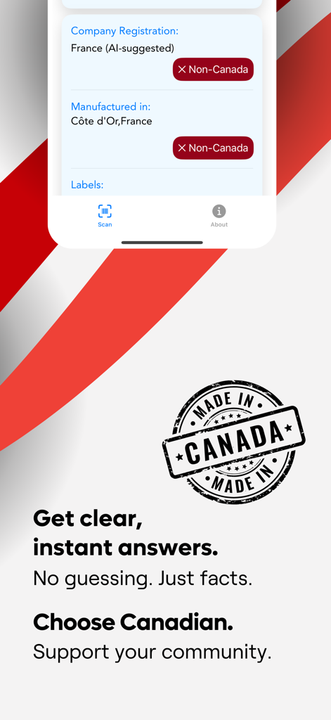 Proudly Canadian: Shop Canada - Pantalla de la aplicación Orgullosamente Canadiense mostrando detalles de fabricación del producto y registro de la empresa para verificar el origen local