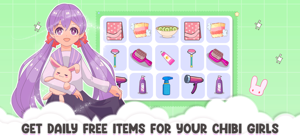Anime Chibi Dolls Girl Games - Una chica chibi de anime sosteniendo un peluche de conejito junto a una selección de artículos diarios gratuitos de belleza y spa.