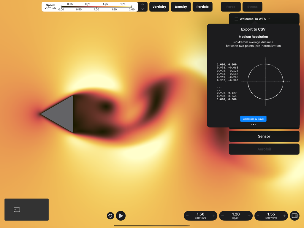 Wind Tunnel Simulation - Interfaz de una aplicación de simulación de aerodinámica que muestra el flujo de aire y una ventana de exportación de datos.