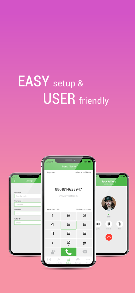 iTel Mobile Dialer. - Three iPhones displaying iTel Mobile Dialer Express app interfaces including dialpad and settings screens