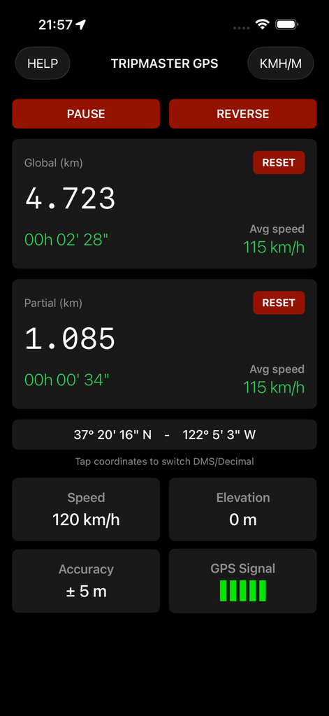 Tripmaster GPS - Tripmaster GPS Dashboard mit globalen und teilweisen Wegstreckenzählern, Geschwindigkeit und Koordinaten.