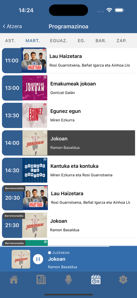 Bizkaia Irratia - La aplicación Bizkaia Irratia mostrando el horario de programas de radio del día con títulos y horas.