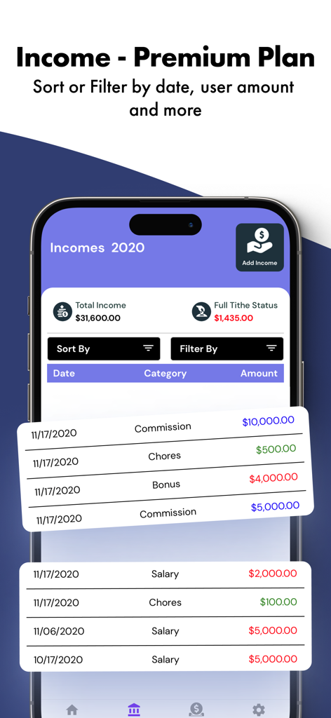 A mobile app screen showing the income tracking section with options to sort and filter transactions by date and category.