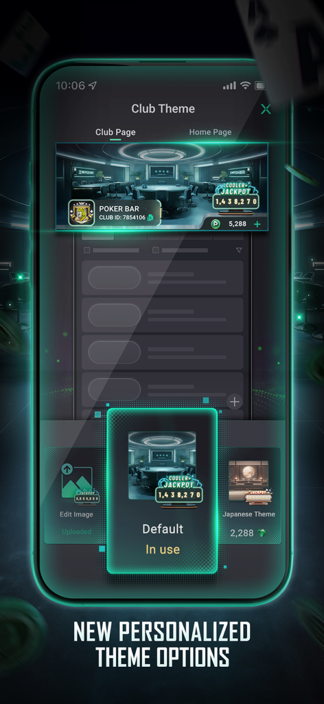 PPPoker-USA-Holdem,Omaha - PPPoker 모바일 앱 인터페이스, 기본 및 일본 스타일 옵션과 함께 개인화된 클럽 테마 선택을 보여줍니다.