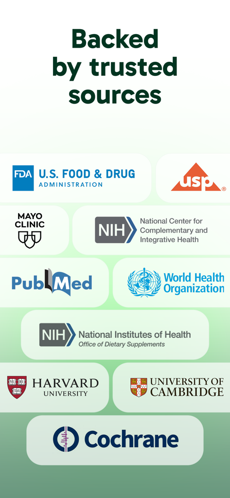 Supplement Scanner - InSup - Logos of medical and health institutions including FDA Mayo Clinic and WHO