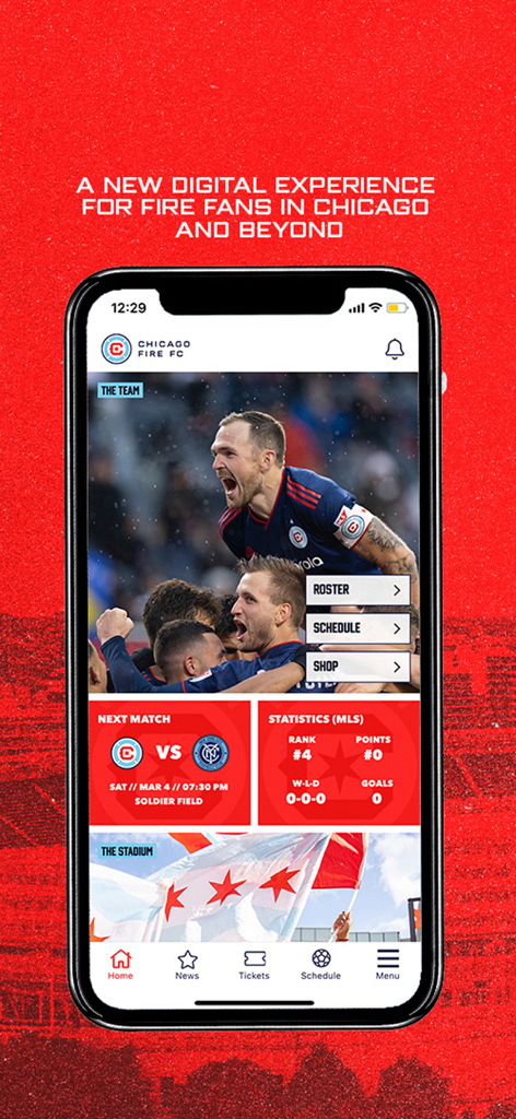 Chicago Fire FC - Pantalla de inicio de la aplicación oficial de Chicago Fire FC que muestra horarios de partidos e información del equipo