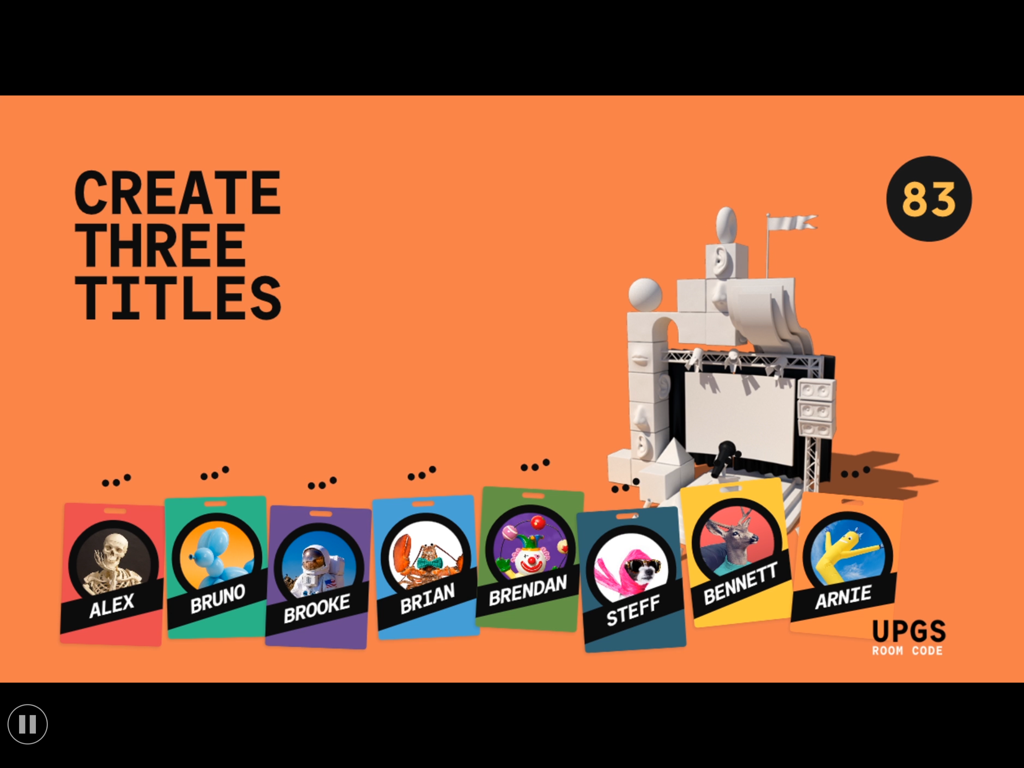 Écran de jeu de Talking Points dans The Jackbox Party Pack 7 montrant des avatars de joueurs et une invite pour créer trois titres.