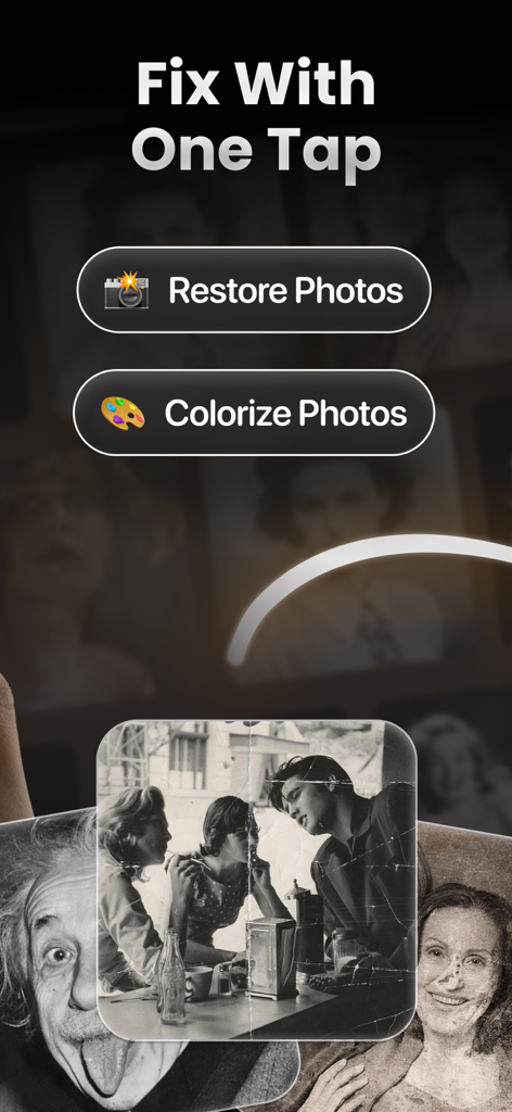 AI Photo Fix Restore: Restorix - Restorix mobile app screen displaying one tap photo restoration and colorization tools