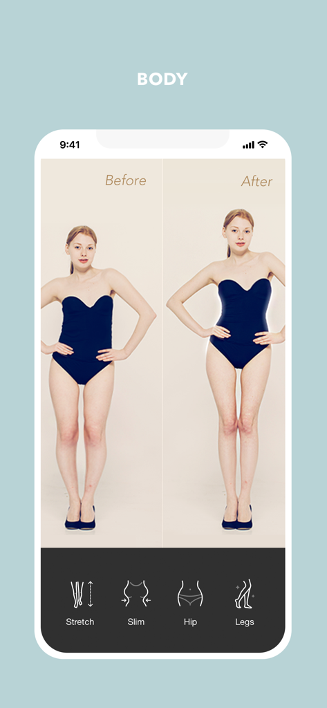 Before and after comparison of body shaping features in the Cymera app including waist slimming and leg stretching