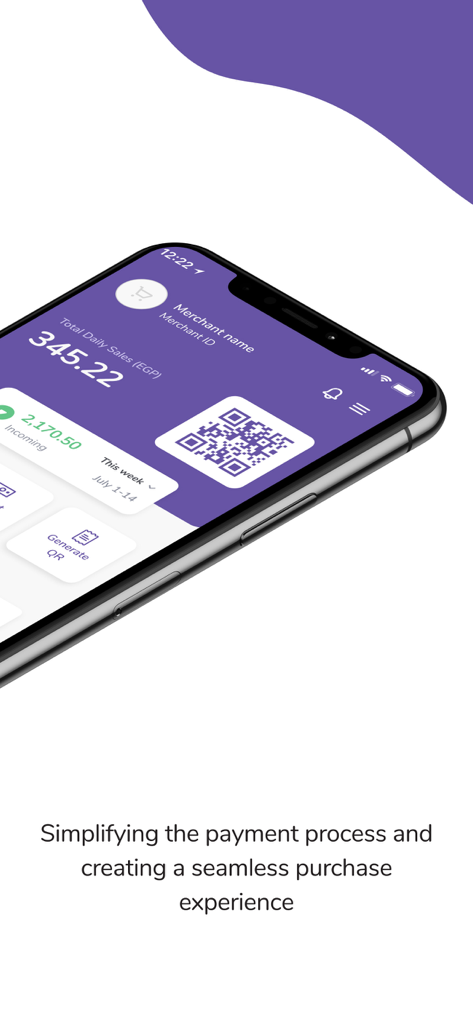 EasyCash Merchant - Painel do aplicativo EasyCash Merchant no iPhone mostrando as vendas totais diárias e um código QR para receber pagamentos