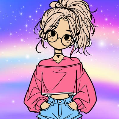 girl with a messy ponytail glasses a baggy crop top and jean shorts