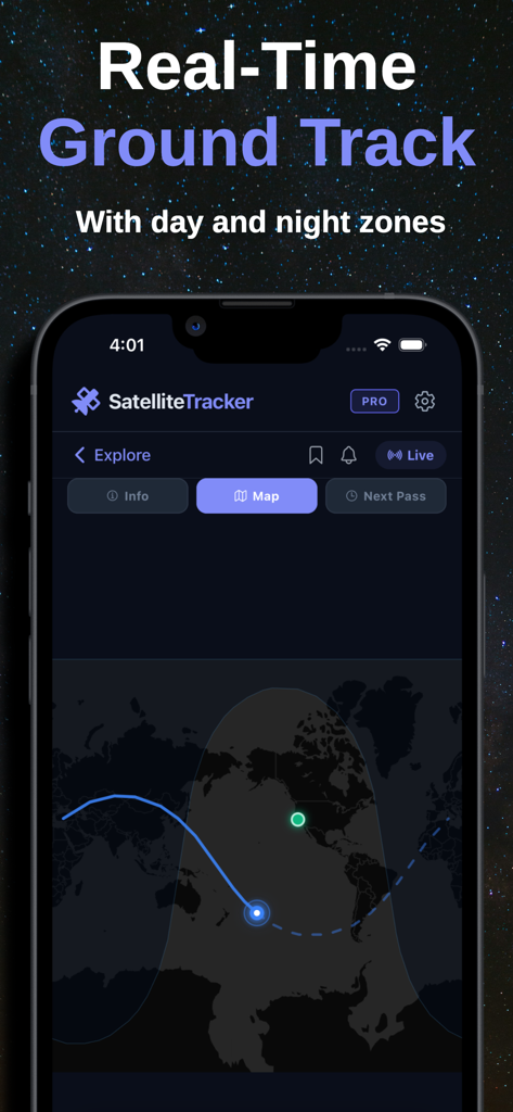 Satellite Tracker° - La aplicación Satellite Tracker muestra un mapa de trayectoria terrestre en tiempo real con zonas de día y noche.