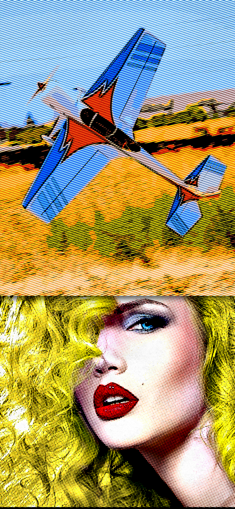 Pop Dot Comics - ベンデイドットを使用した女性の顔と飛行機をフィーチャーしたコミックブックおよびポップアートの写真フィルターの例。