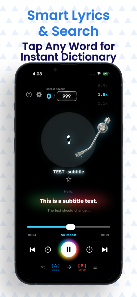 AB Repeater-  mp3 Music player - AB Repeater app interface showing the smart lyrics feature with instant dictionary search for language learners.
