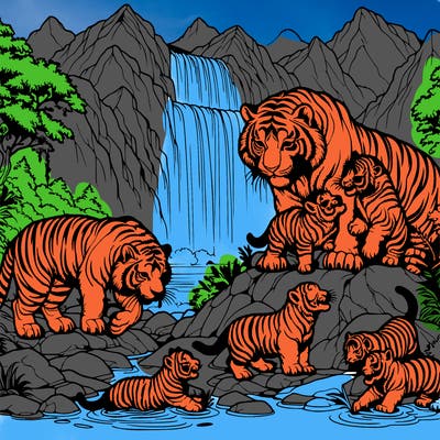 a huge mummy tiger and a little baby tiger standing on a mountain next to its mum and other ones that are tigers with a waterfall in the background one is drinking it and the others are playing around and tackling each other and the old ones like the mummy and daddy are sitting down on a rock